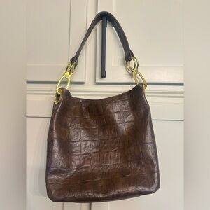 Brown Croc Embossed Shoulder Hobo Y2K Bag, gold hardware, Braciano